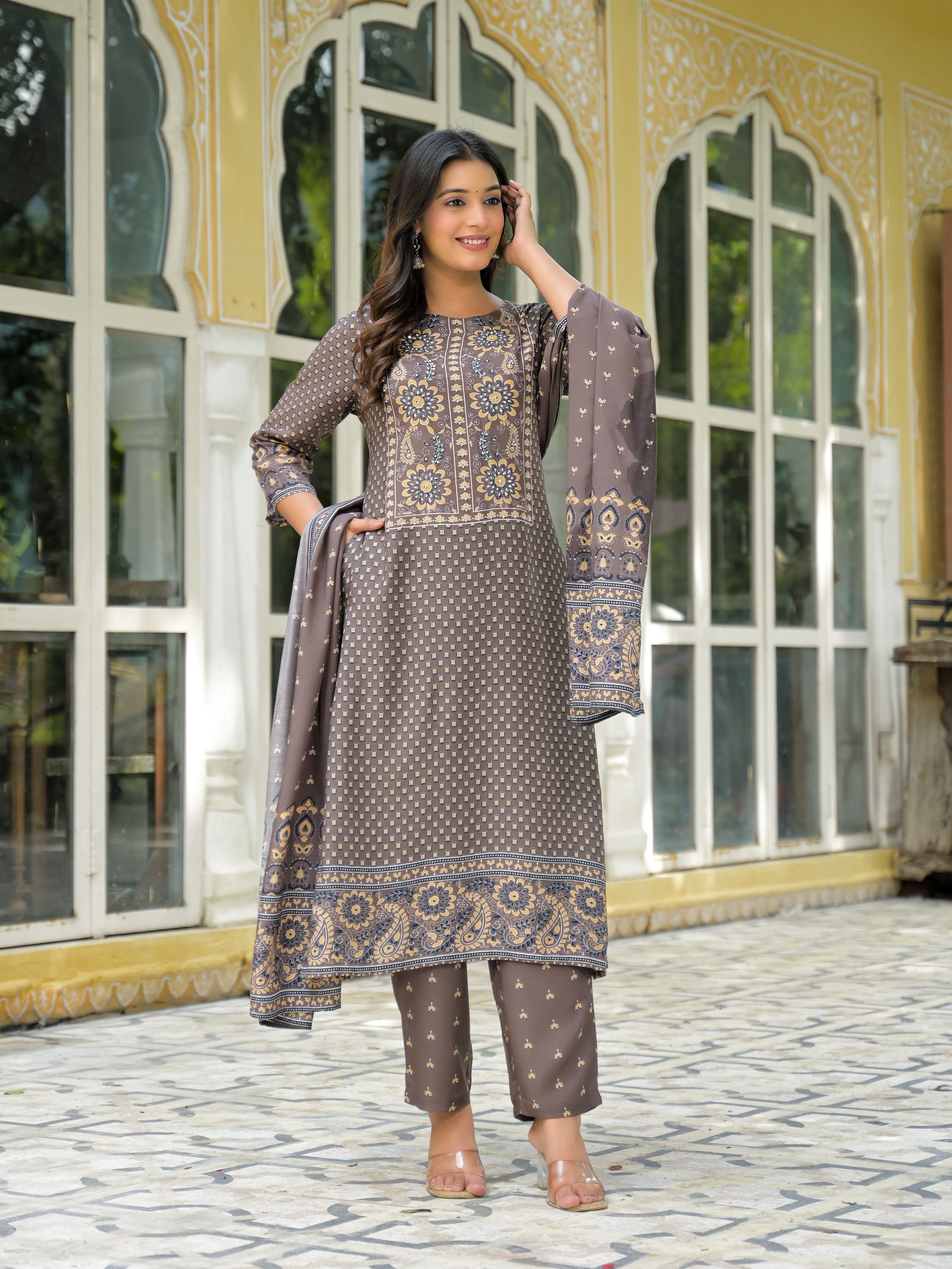 Ethnic Motifs Printed Round Neck Beads & Stones Work Muslin Kurta With Trousers & Dupatta