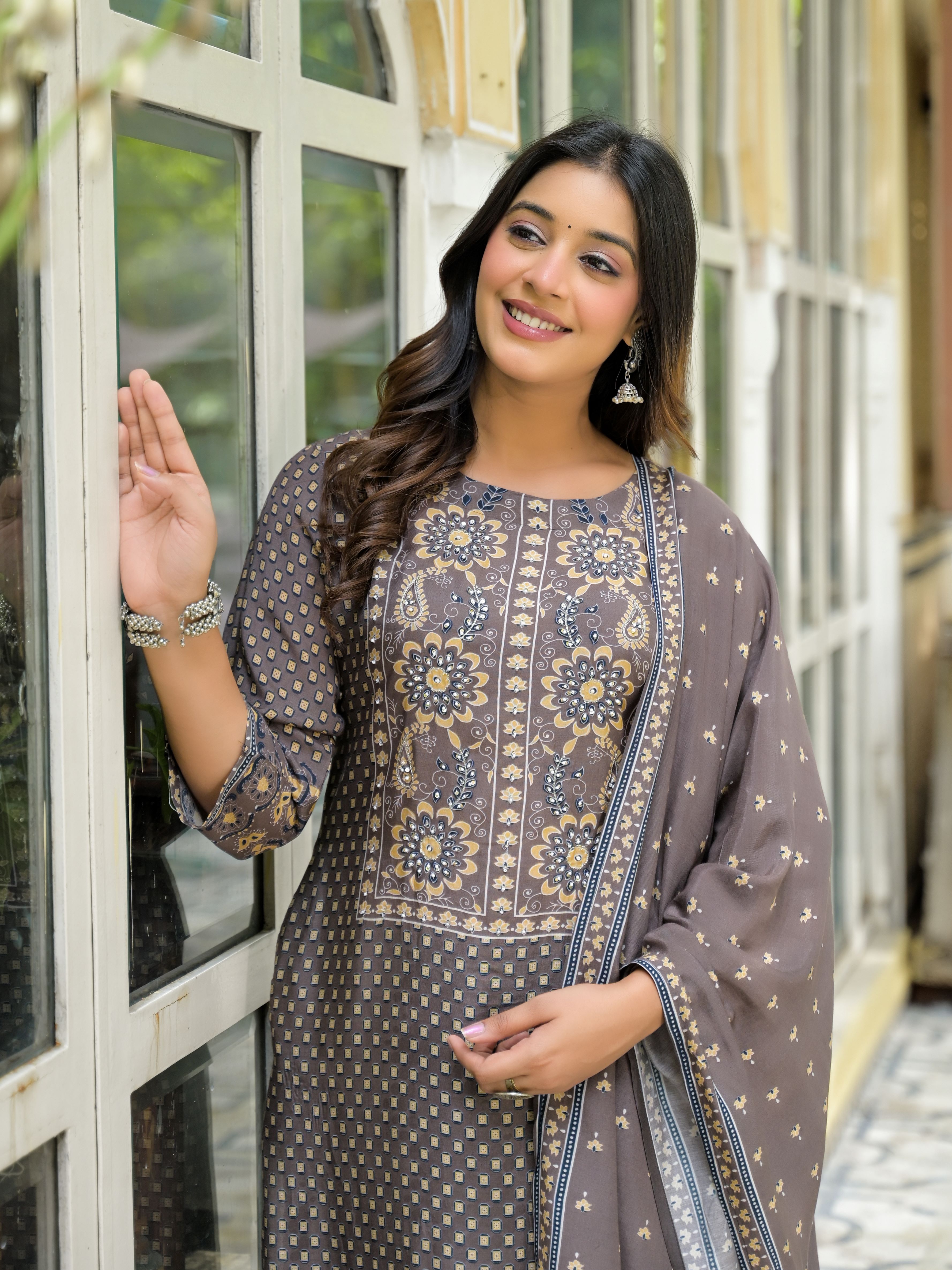 Ethnic Motifs Printed Round Neck Beads & Stones Work Muslin Kurta With Trousers & Dupatta
