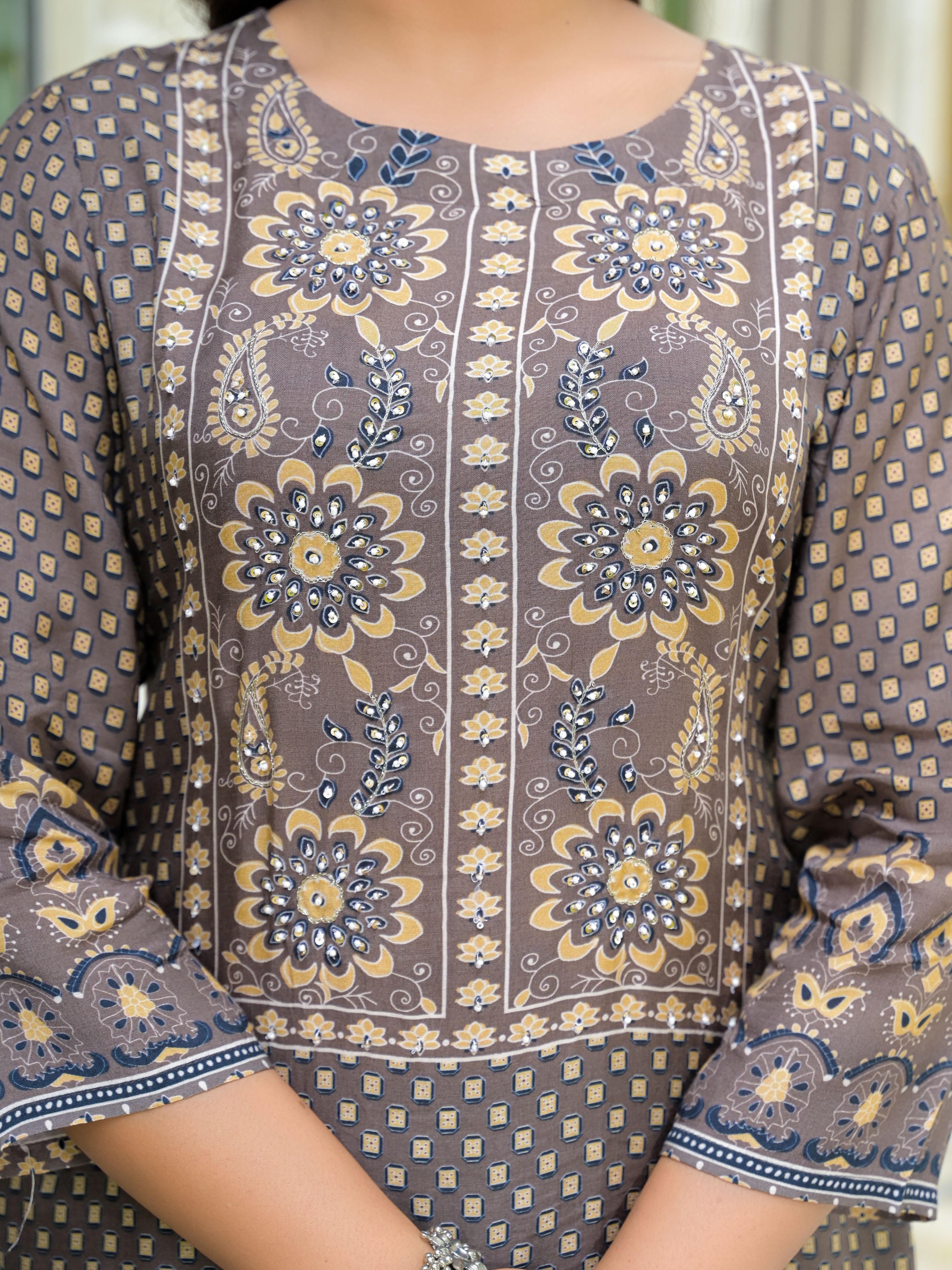 Ethnic Motifs Printed Round Neck Beads & Stones Work Muslin Kurta With Trousers & Dupatta