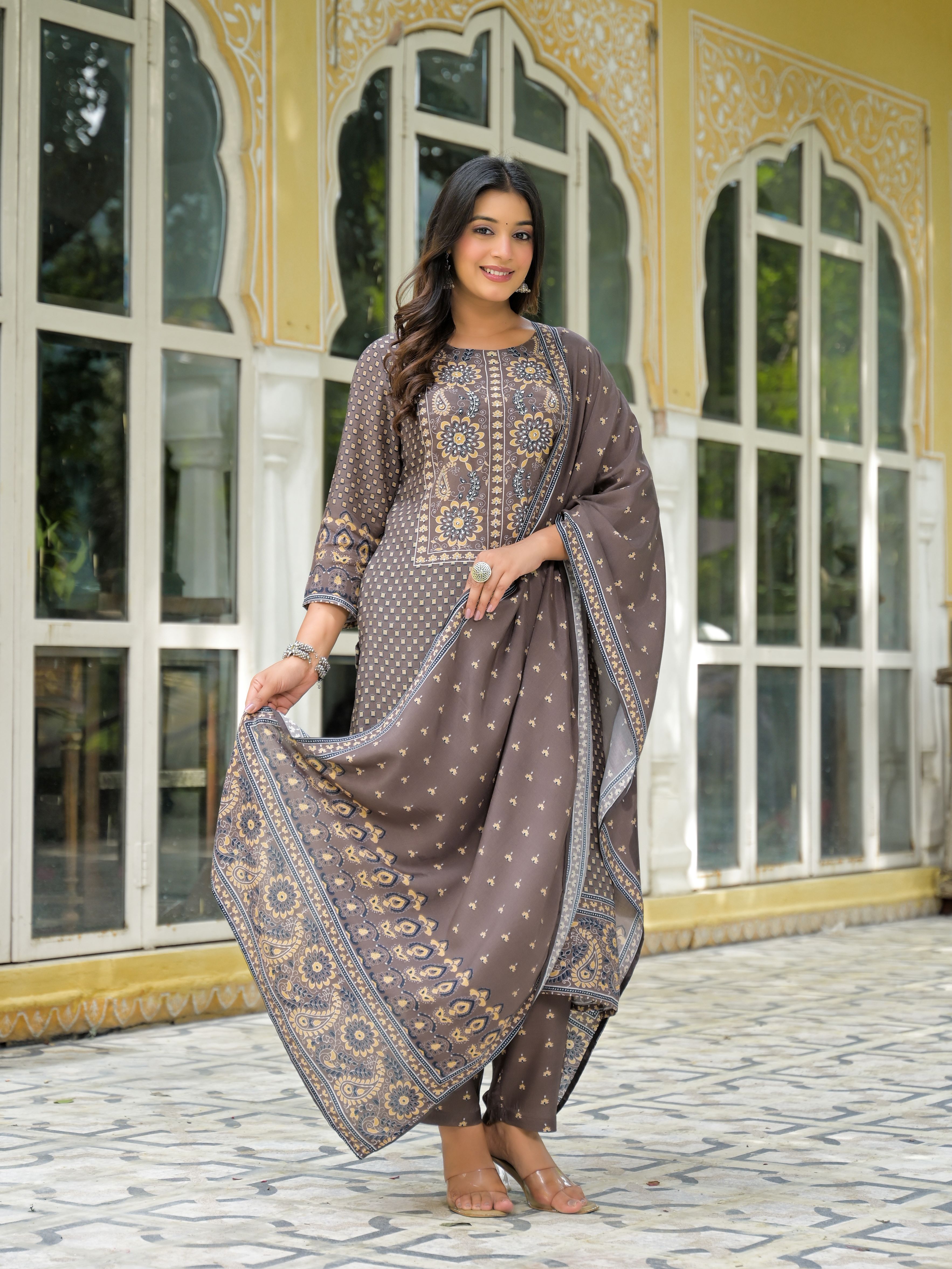 Ethnic Motifs Printed Round Neck Beads & Stones Work Muslin Kurta With Trousers & Dupatta