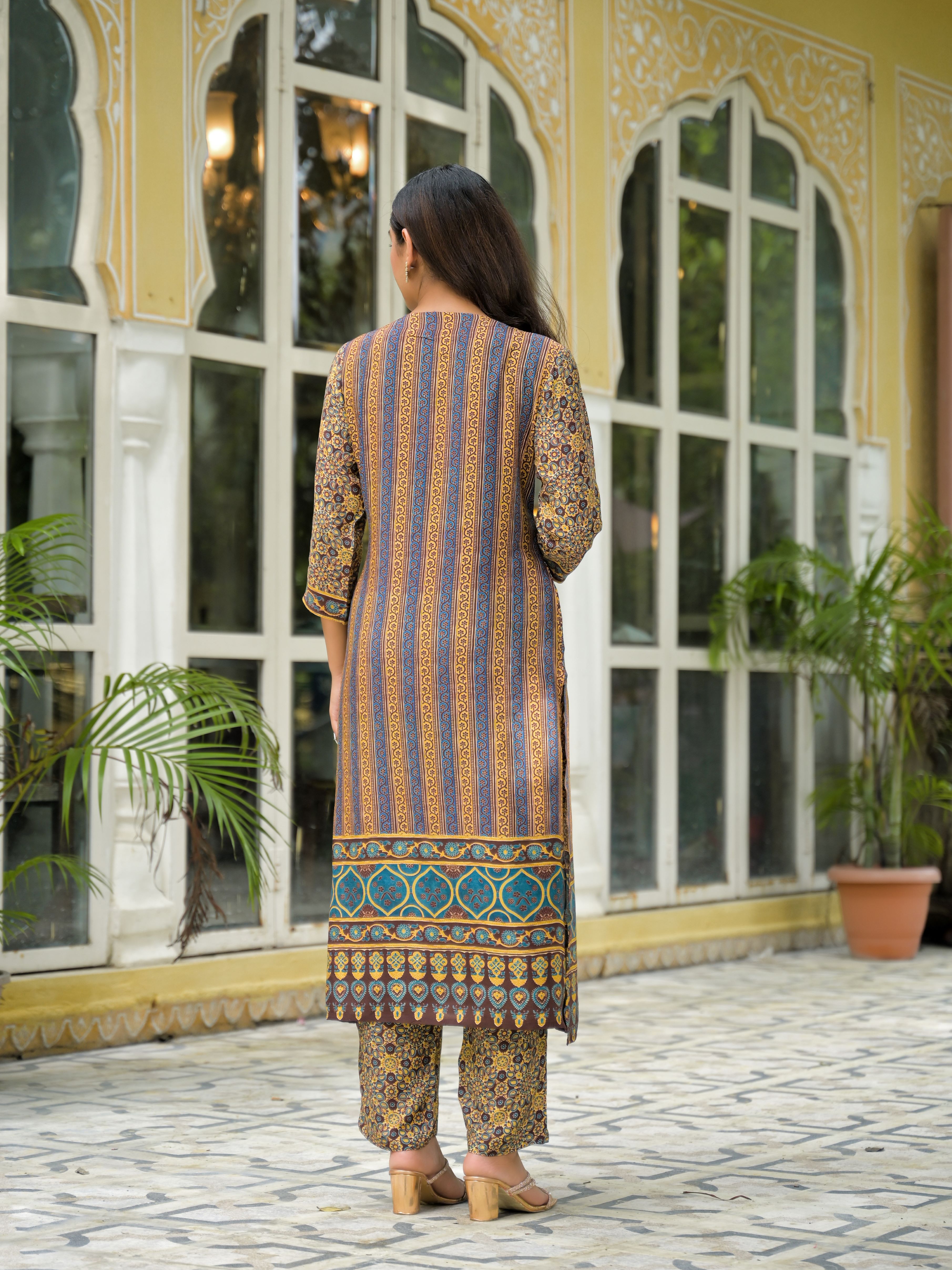 Ethnic Motifs Printed Round Neck Beads & Stones Muslin Kurta With Trousers & Dupatta Hover