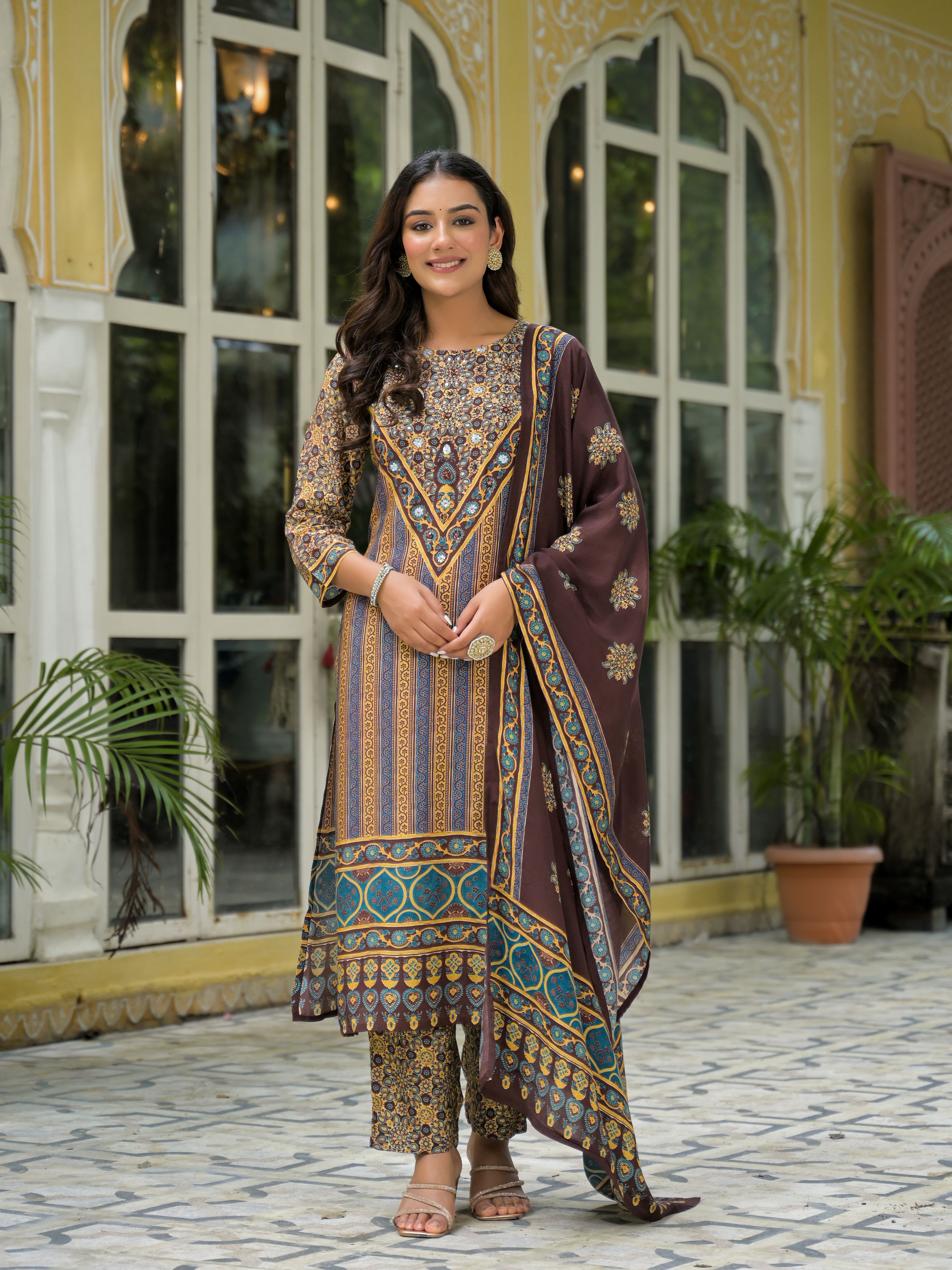 Ethnic Motifs Printed Round Neck Beads & Stones Muslin Kurta With Trousers & Dupatta