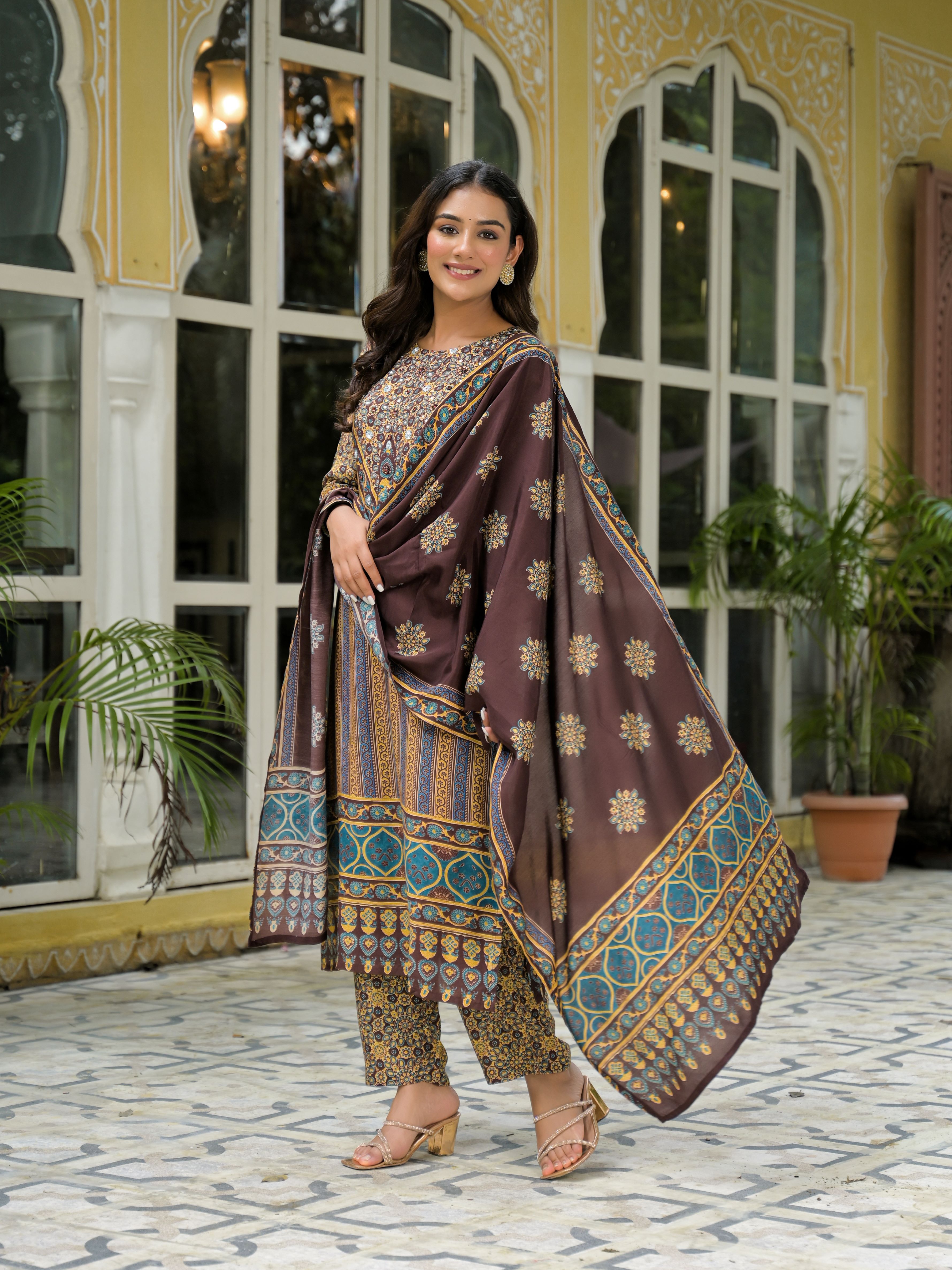Ethnic Motifs Printed Round Neck Beads & Stones Muslin Kurta With Trousers & Dupatta