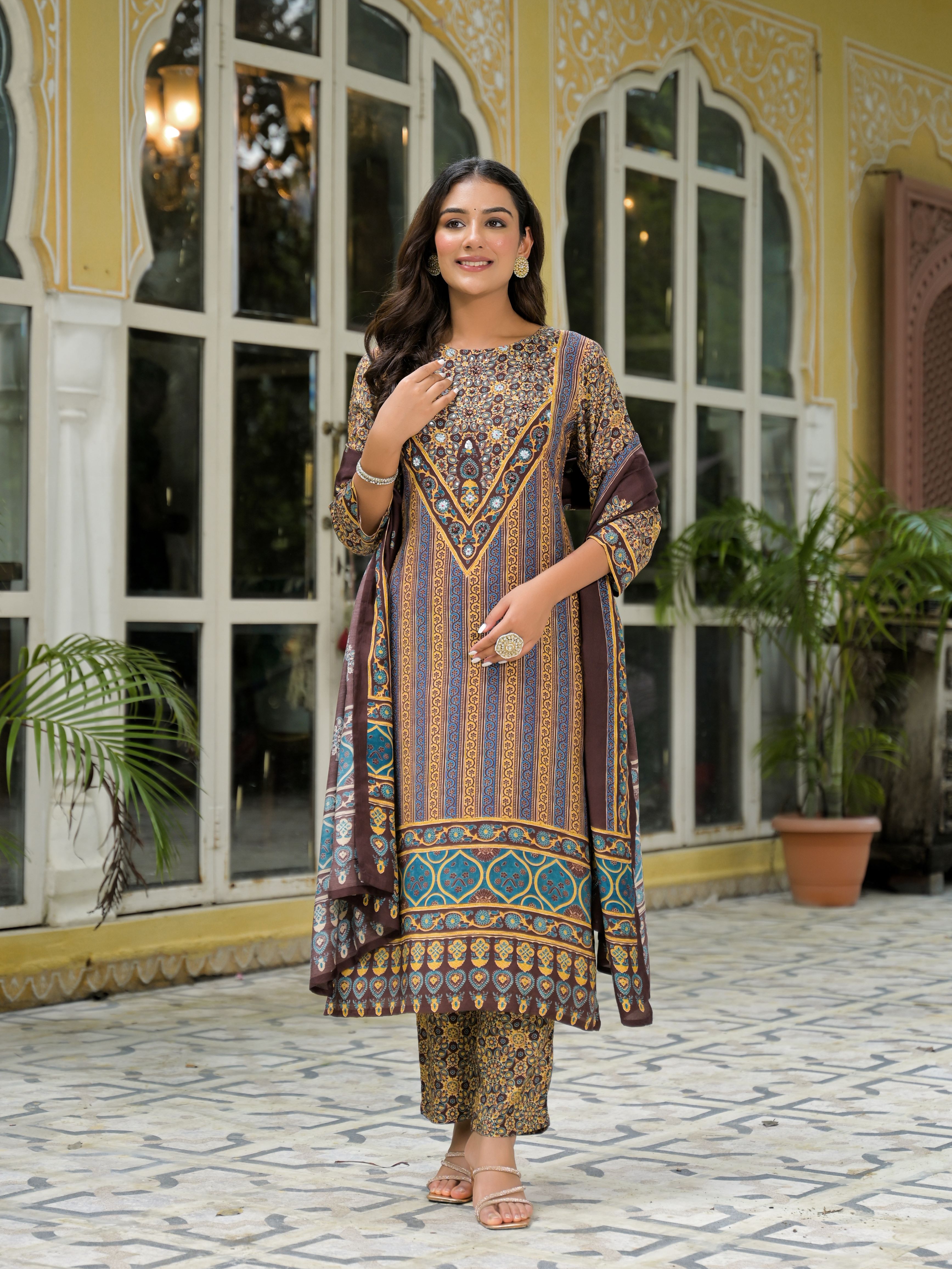 Ethnic Motifs Printed Round Neck Beads & Stones Muslin Kurta With Trousers & Dupatta