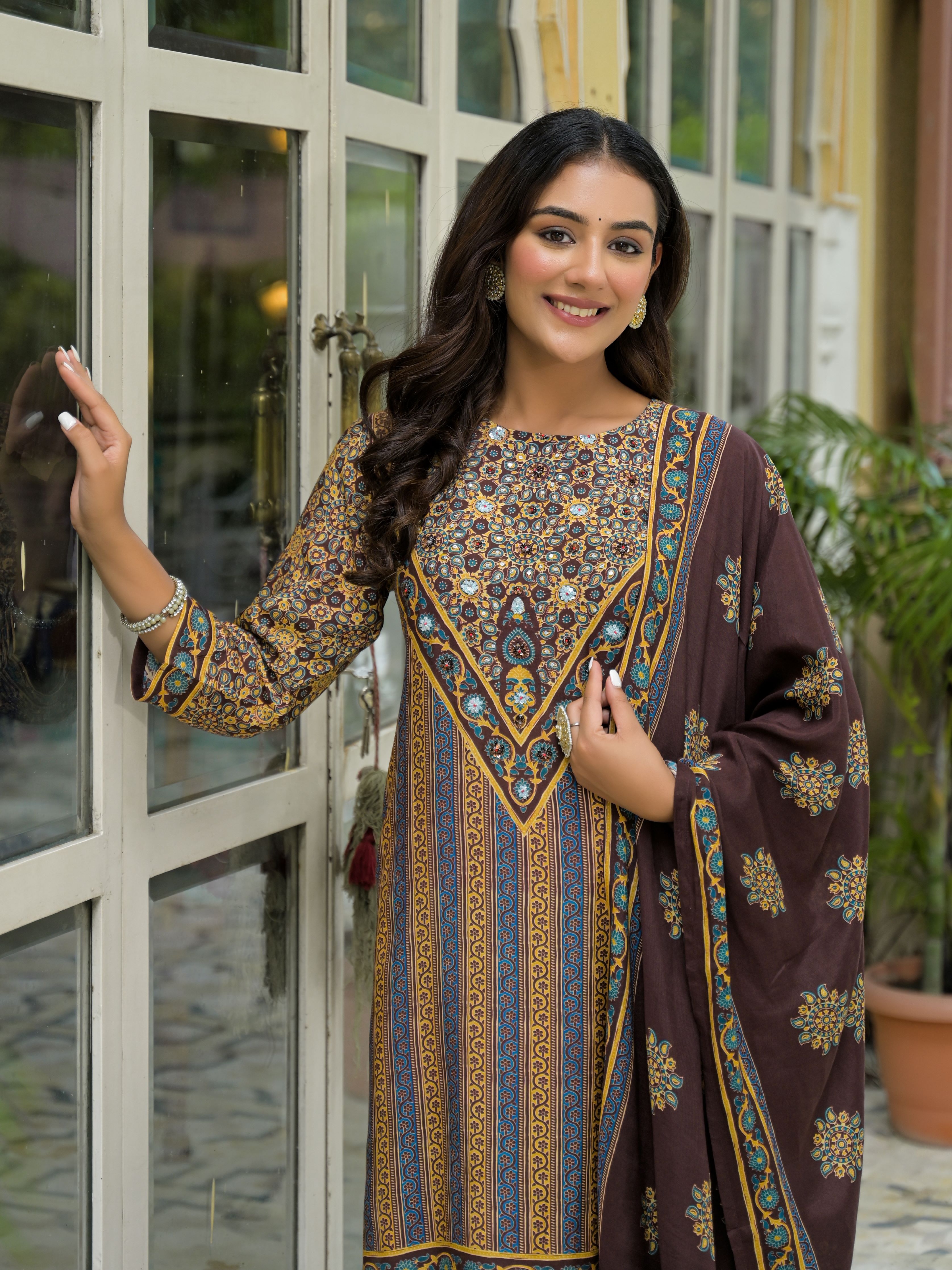 Ethnic Motifs Printed Round Neck Beads & Stones Muslin Kurta With Trousers & Dupatta