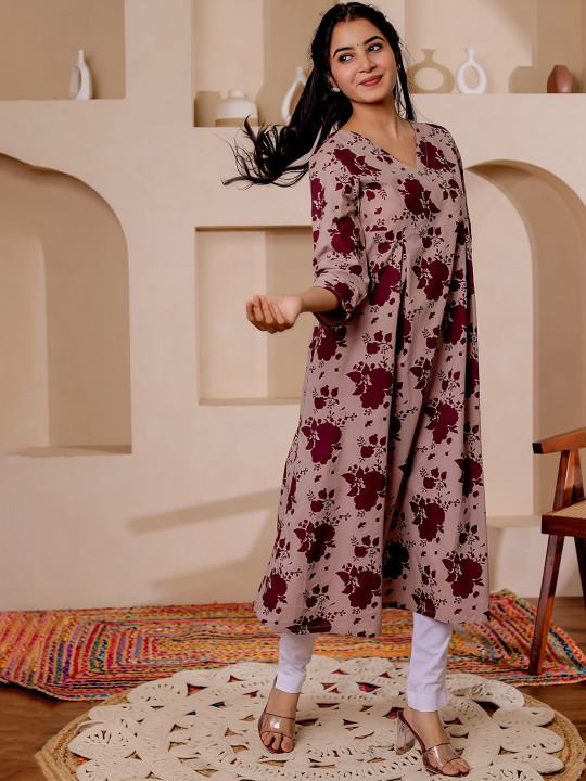 Floral Printed V-Neck A-line Cotton Angrakha Kurta