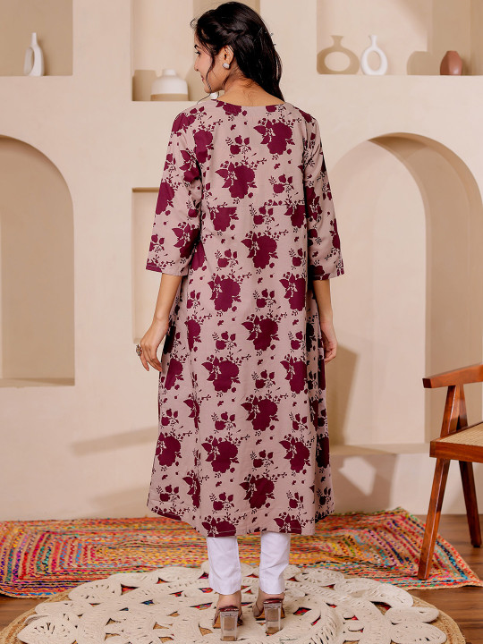 Floral Printed V-Neck A-line Cotton Angrakha Kurta Hover