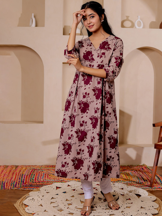 Floral Printed V-Neck A-line Cotton Angrakha Kurta