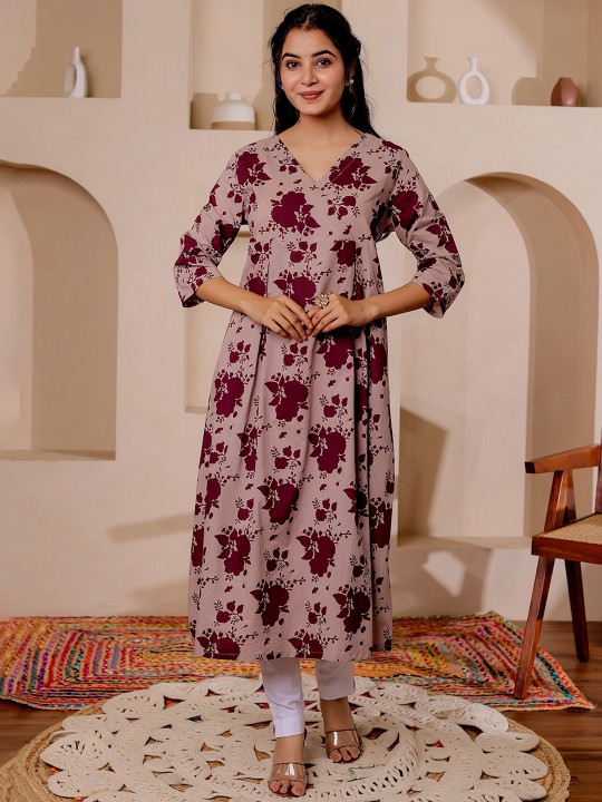 Floral Printed V-Neck A-line Cotton Angrakha Kurta
