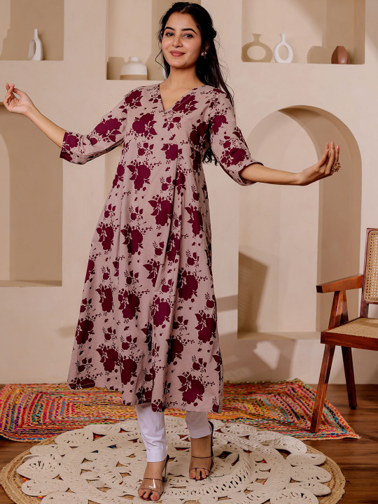 Floral Printed V-Neck A-line Cotton Angrakha Kurta