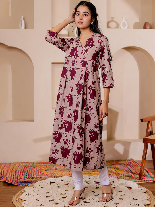 Floral Printed V-Neck A-line Cotton Angrakha Kurta