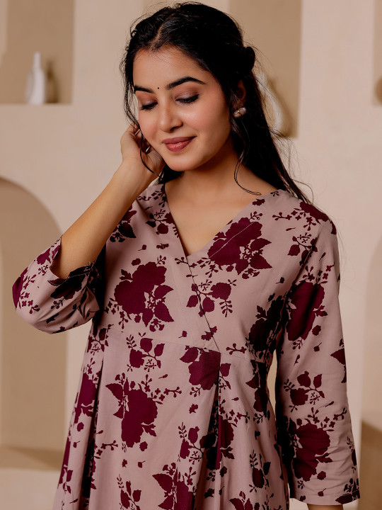 Floral Printed V-Neck A-line Cotton Angrakha Kurta
