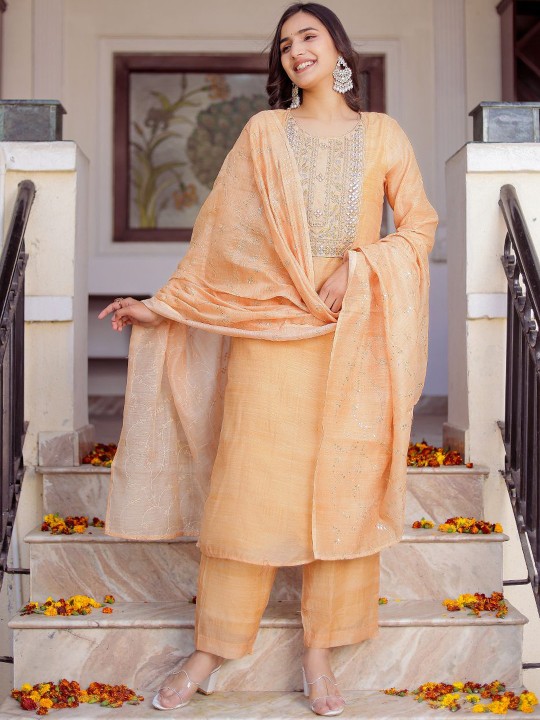 Chanderi Fabric Embroidered Mirror Work Kurta ,Trousers With Dupatta