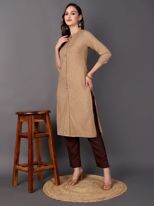 Geometric Woven Design Mandarin Collar Cotton Straight Kurta