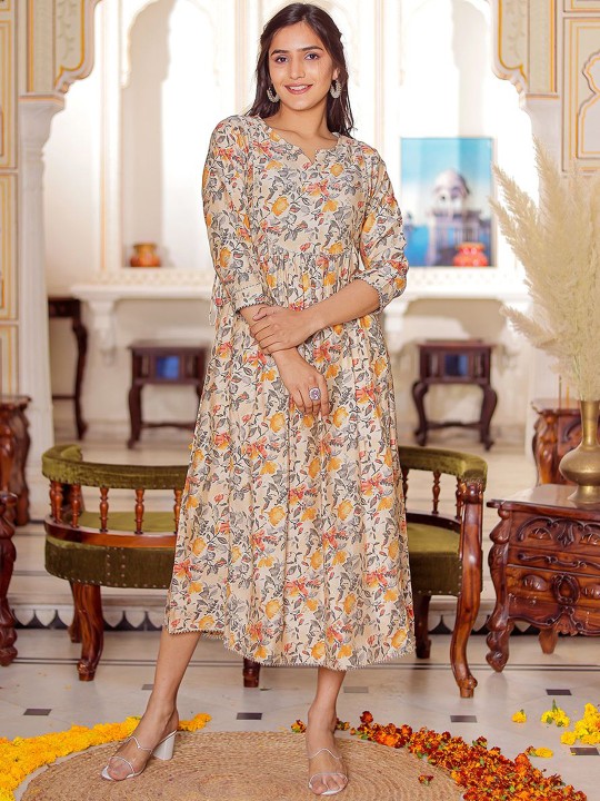 Muslin Printed Fit & Flare Maxi Ethnic Dresses