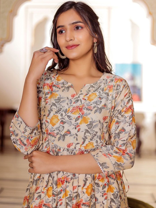 Muslin Printed Fit & Flare Maxi Ethnic Dresses