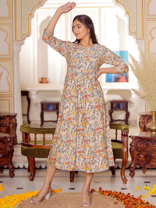 Muslin Printed Fit & Flare Maxi Ethnic Dresses
