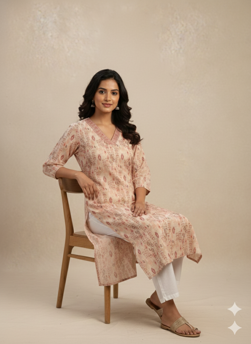 Women's Printed Handwork Straight Kurta Hover