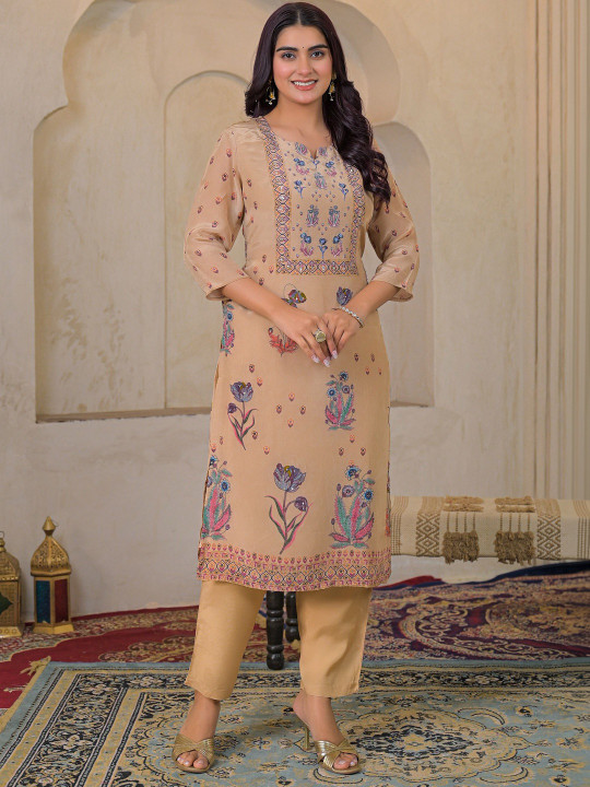 Women Floral Printed Crepe Adda Work Kurta with Trousers & Dupatta Set