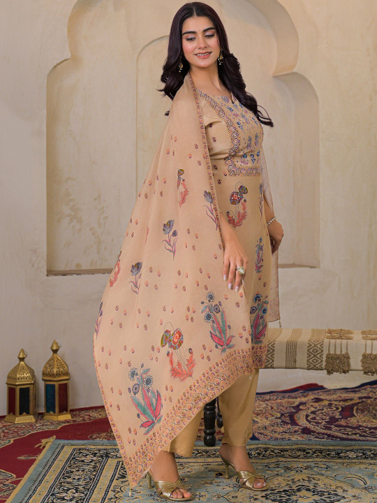 Women Floral Printed Crepe Adda Work Kurta with Trousers & Dupatta Set