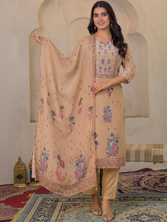 Women Floral Printed Crepe Adda Work Kurta with Trousers & Dupatta Set