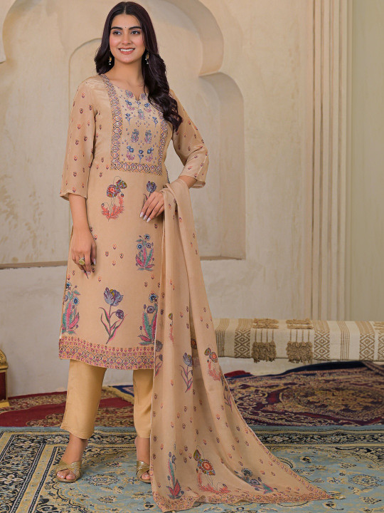Women Floral Printed Crepe Adda Work Kurta with Trousers & Dupatta Set