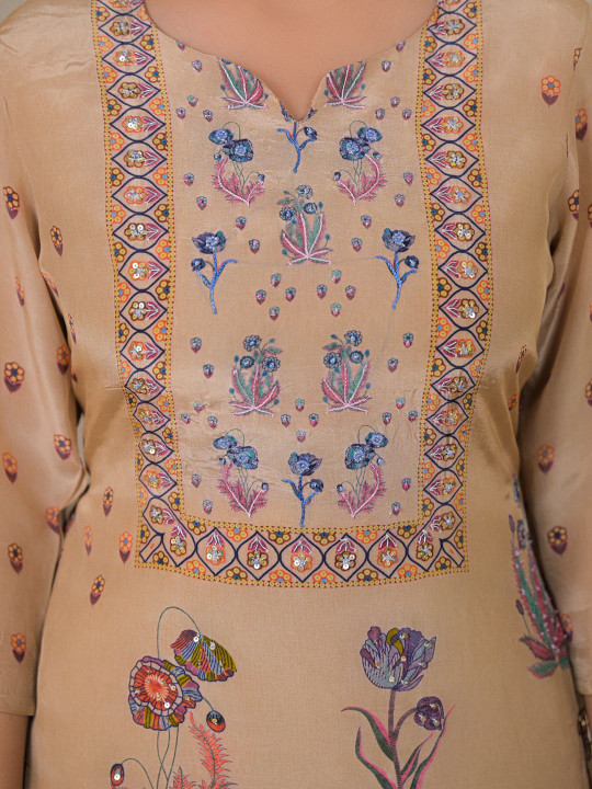 Women Floral Printed Crepe Adda Work Kurta with Trousers & Dupatta Set