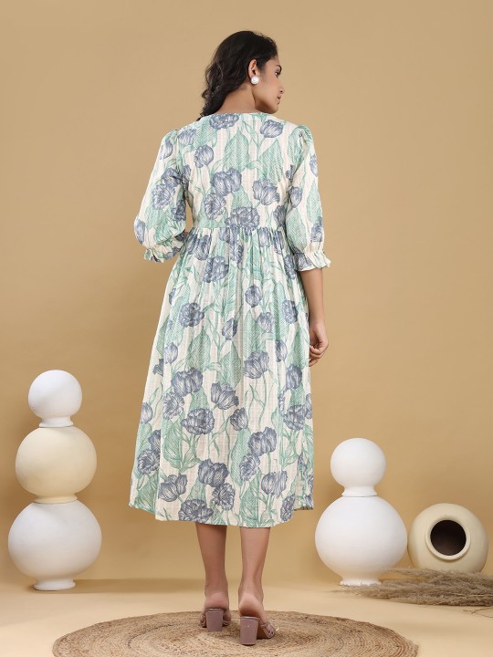 Cotton Dobby Floral Print Puff Sleeve Fit & Flare Midi Dress Hover