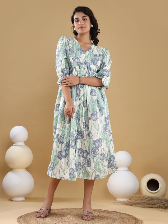 Cotton Dobby Floral Print Puff Sleeve Fit & Flare Midi Dress