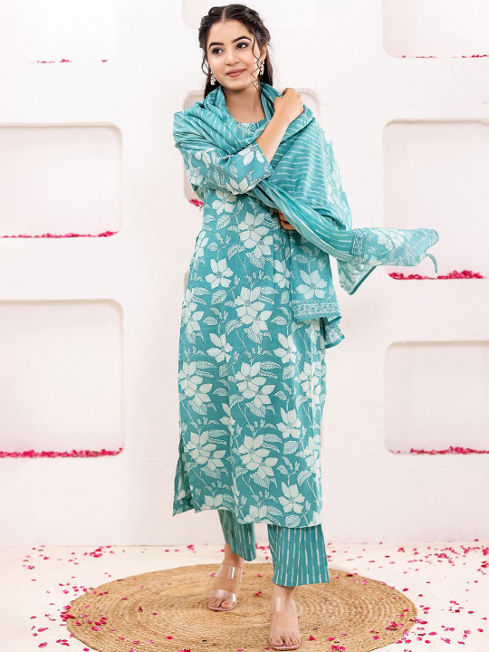 Women Floral Printed Pure Cotton Straight Kurta With Trousers & Dupatta Set