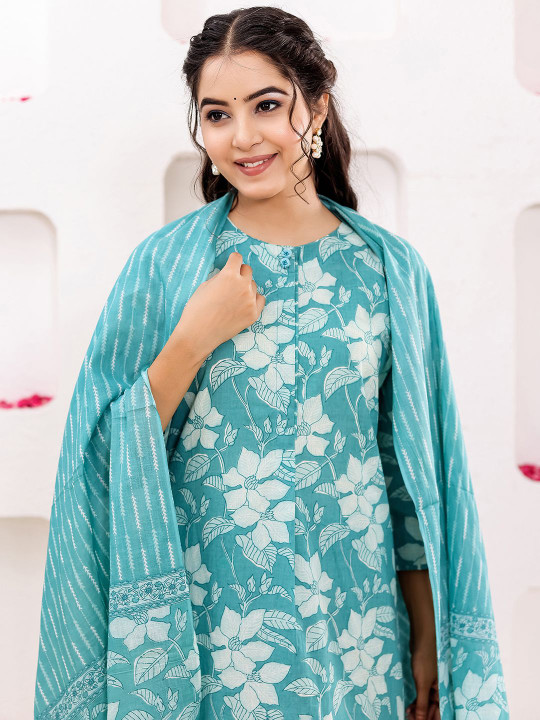 Women Floral Printed Pure Cotton Straight Kurta With Trousers & Dupatta Set