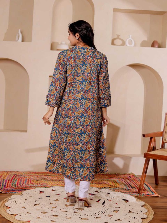 Paisely Printed Mandarin Collar Kalamkari Cotton A-Line Kurta