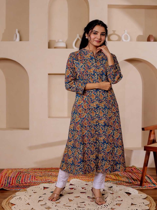 Paisely Printed Mandarin Collar Kalamkari Cotton A-Line Kurta