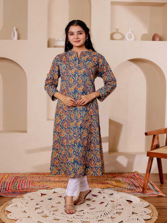 Paisely Printed Mandarin Collar Kalamkari Cotton A-Line Kurta