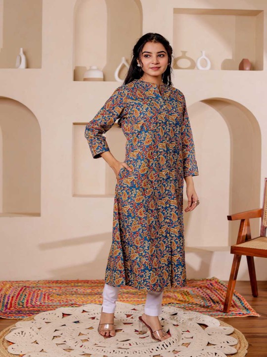 Paisely Printed Mandarin Collar Kalamkari Cotton A-Line Kurta