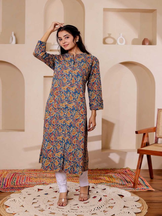 Paisely Printed Mandarin Collar Kalamkari Cotton A-Line Kurta
