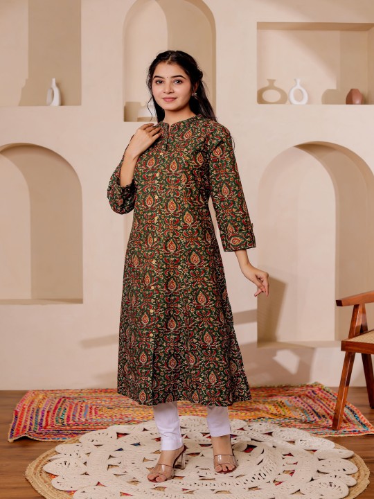 Paisely Printed Mandarin Collar Kalamkari Cotton A-Line Kurta