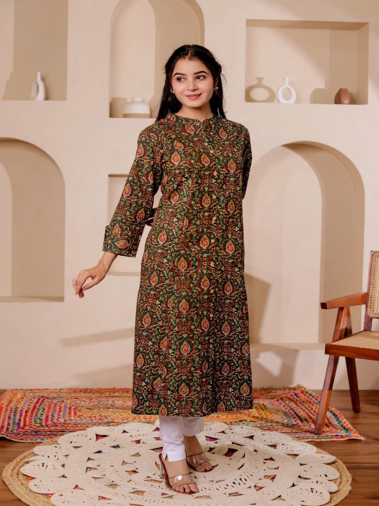 Paisely Printed Mandarin Collar Kalamkari Cotton A-Line Kurta