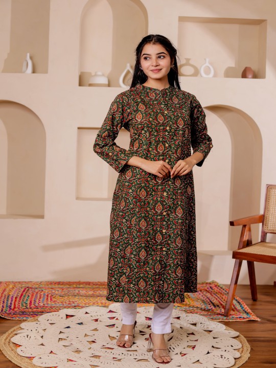 Paisely Printed Mandarin Collar Kalamkari Cotton A-Line Kurta