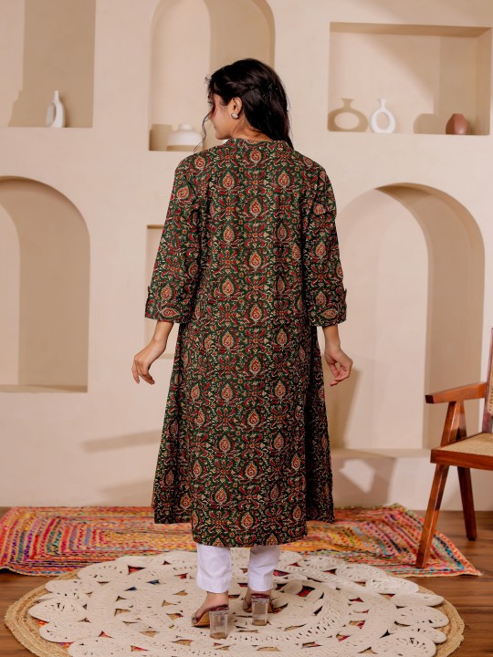 Paisely Printed Mandarin Collar Kalamkari Cotton A-Line Kurta
