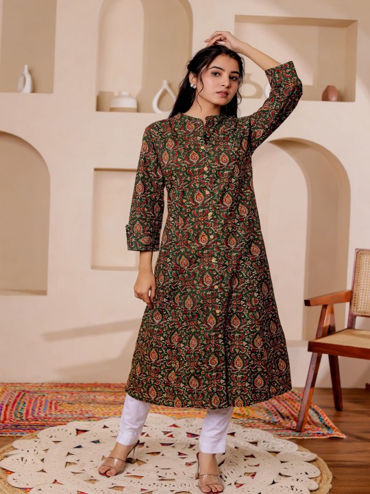 Paisely Printed Mandarin Collar Kalamkari Cotton A-Line Kurta