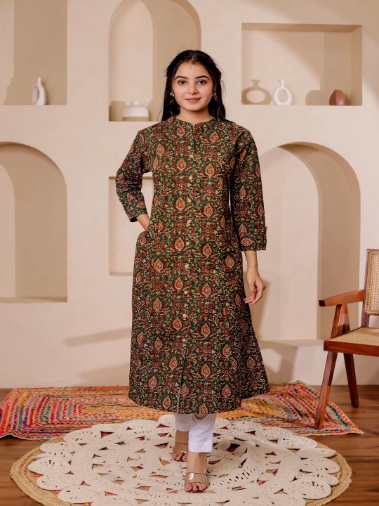 Paisely Printed Mandarin Collar Kalamkari Cotton A-Line Kurta