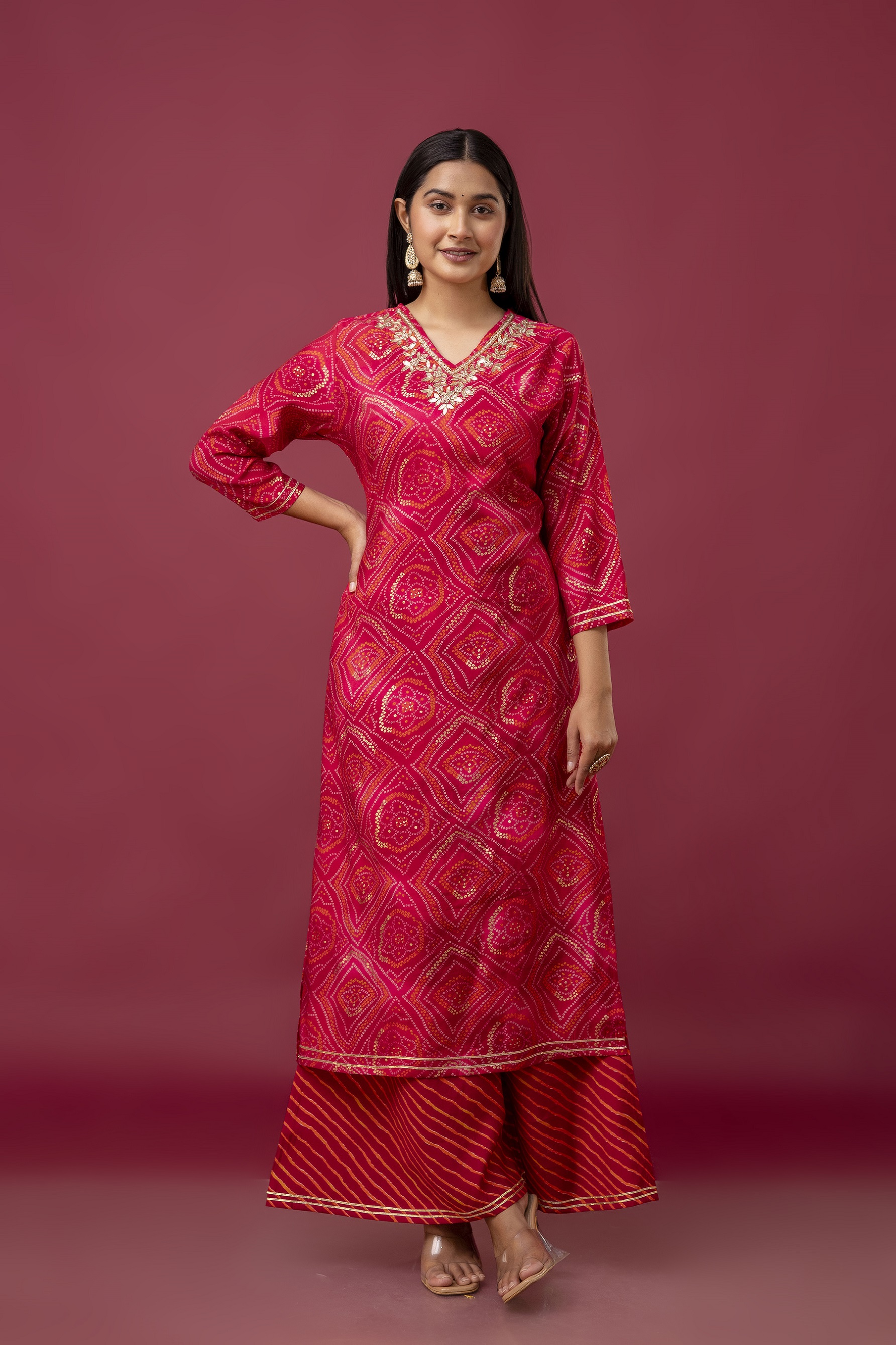 Modal Bandhani Printed Regular Kurta, Palazzos With Dupatta Hover