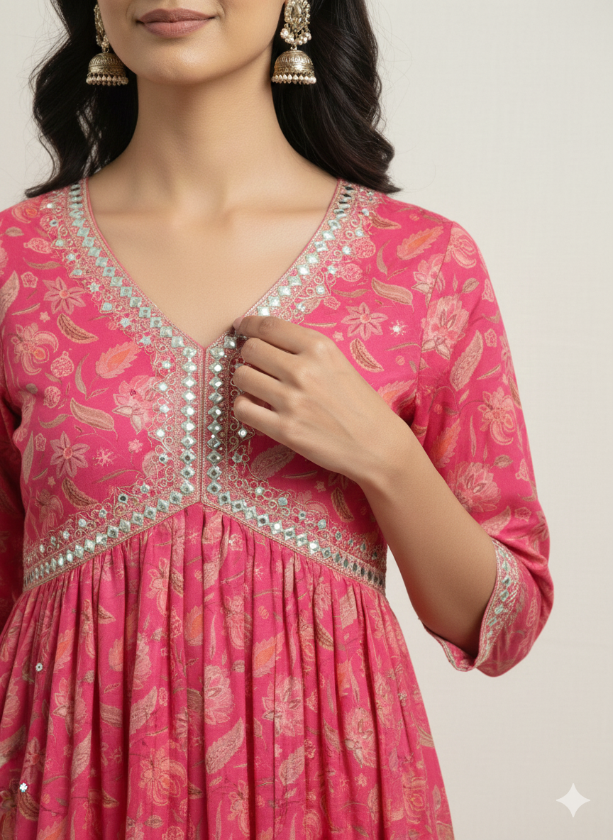 Women's Embroidered Rayon Printed Aline Kurta