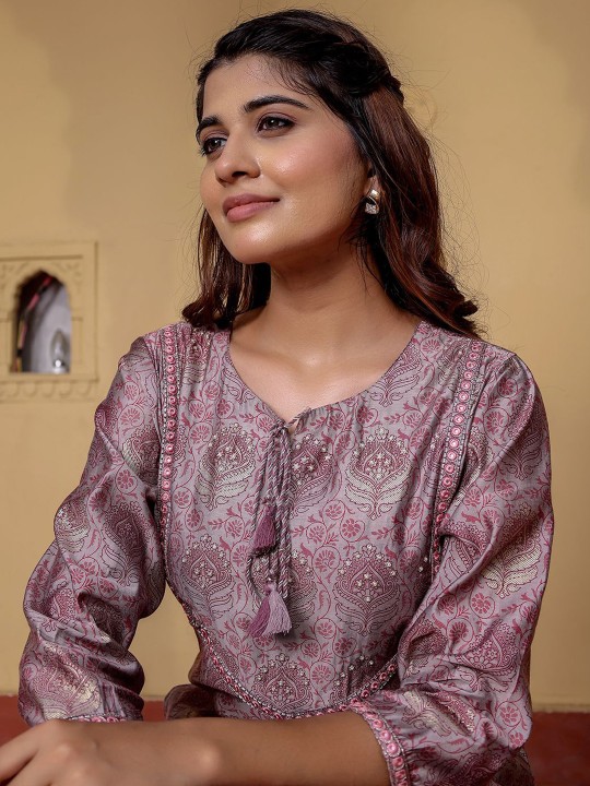 Ethnic Motifs Printed Tie-Up Neck Mirror Work Muslin Straight Kurta