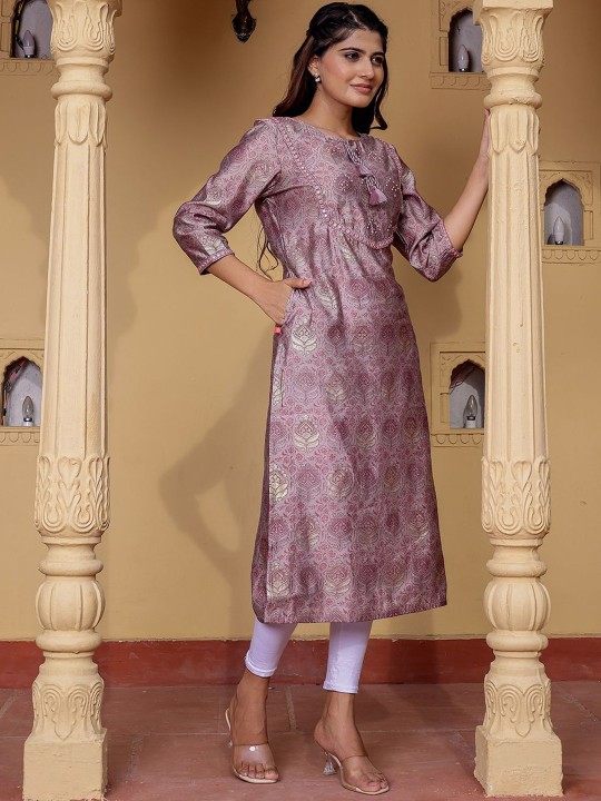Ethnic Motifs Printed Tie-Up Neck Mirror Work Muslin Straight Kurta