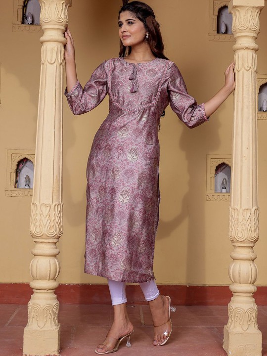 Ethnic Motifs Printed Tie-Up Neck Mirror Work Muslin Straight Kurta