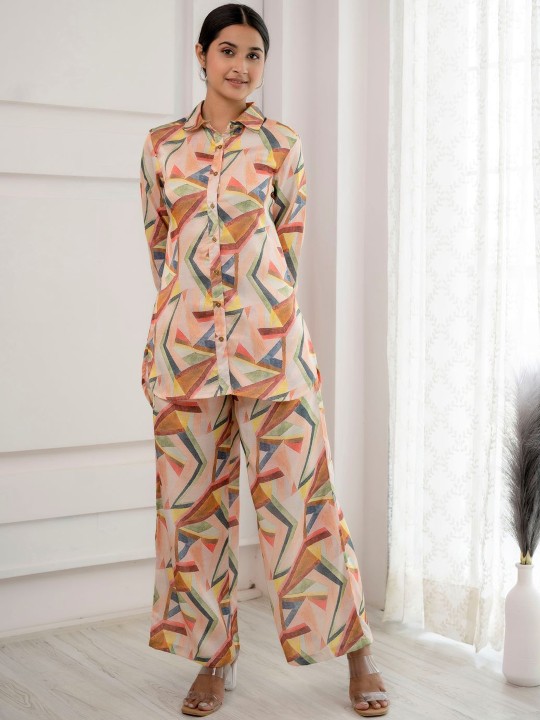 Poly Satin Printed Shirt With Palazzos Co-Ords