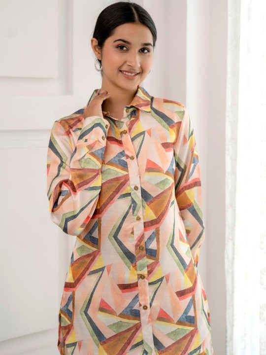 Poly Satin Printed Shirt With Palazzos Co-Ords