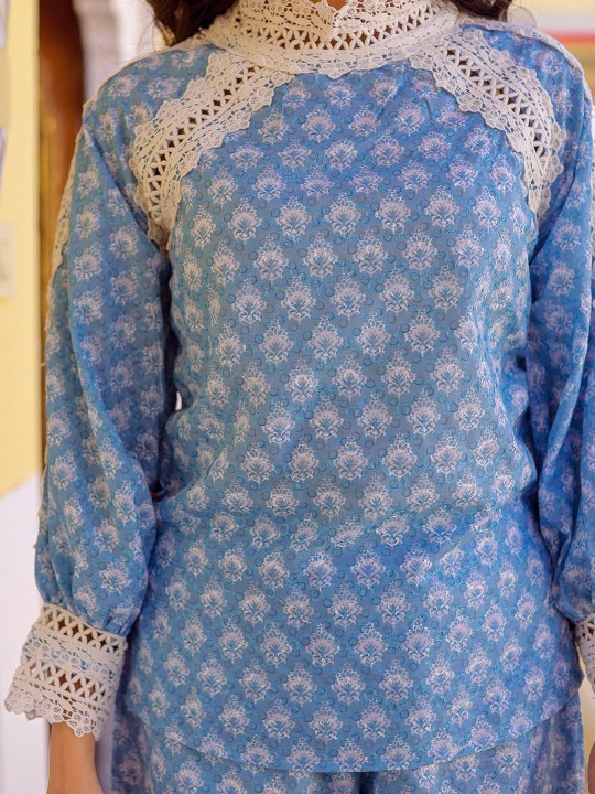 Schiffli Printed High Neck Top With Palazzo Co-Ords